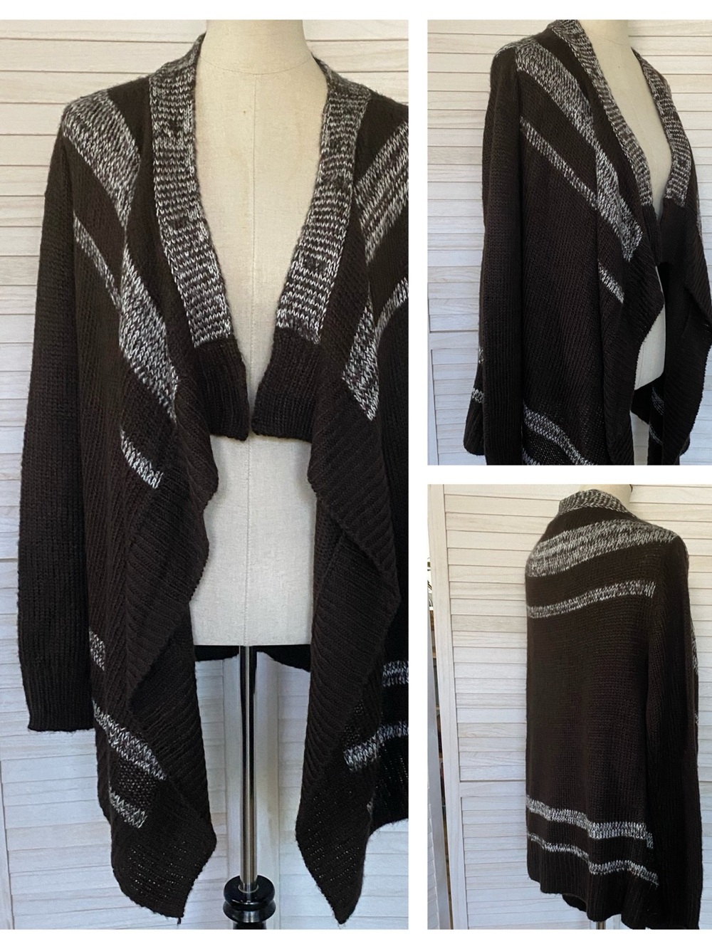 Staccato Brown & Cream Open-Front Draped Knit Cardigan Sweater SZ M/L NWT